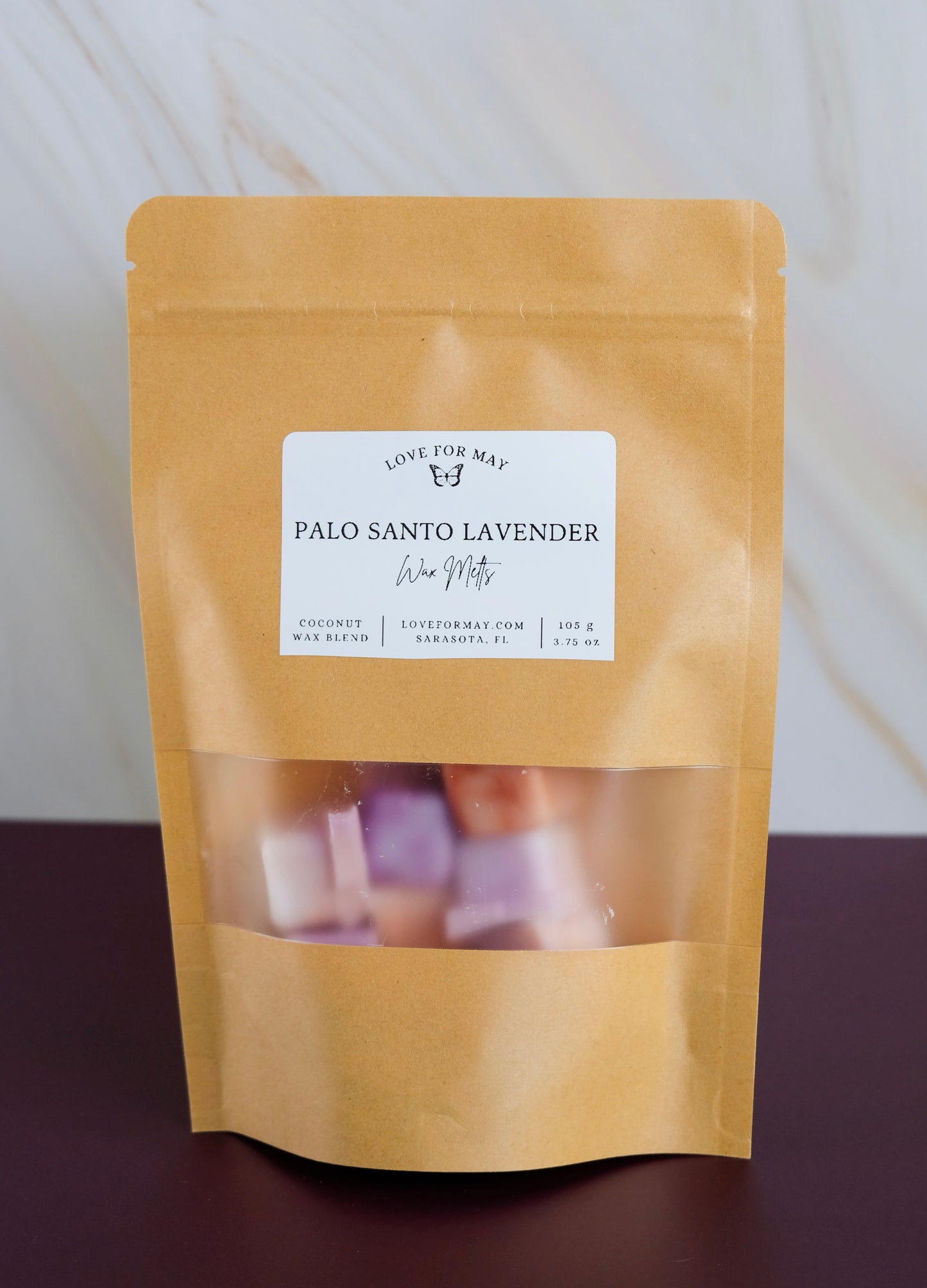 Kraft bag with palo santo lavender scented wax melt cubes