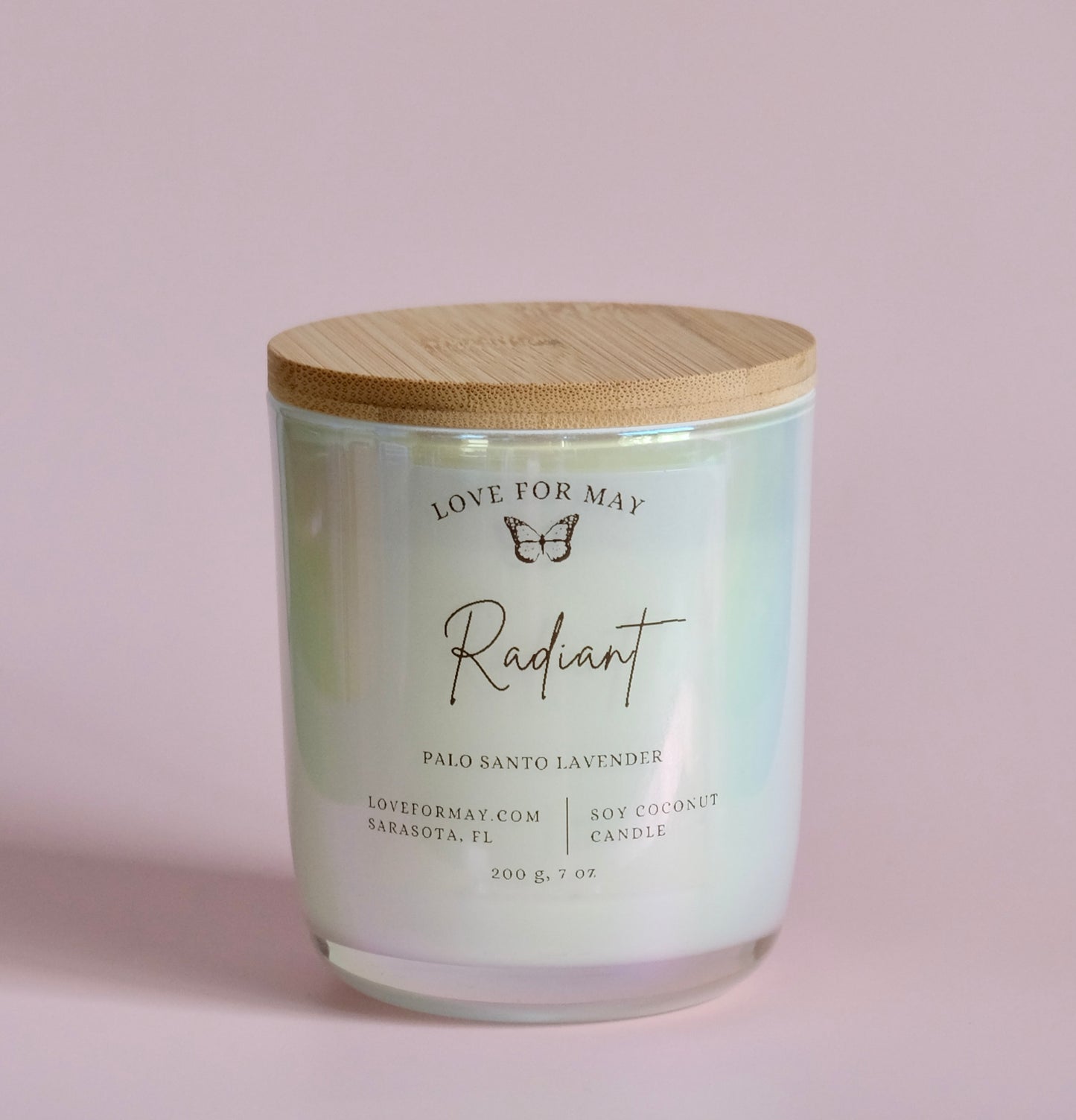 Handmade iridescent manifestation candle labeled Radiant by 'Love for May'