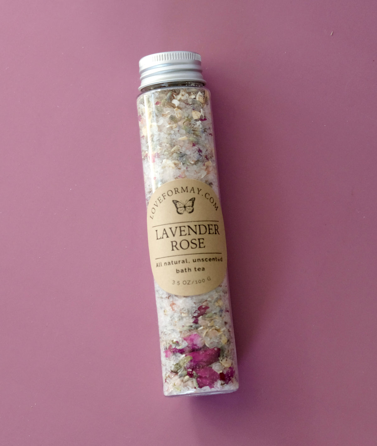 Tub of Lavender Rose bath tea on a purple background