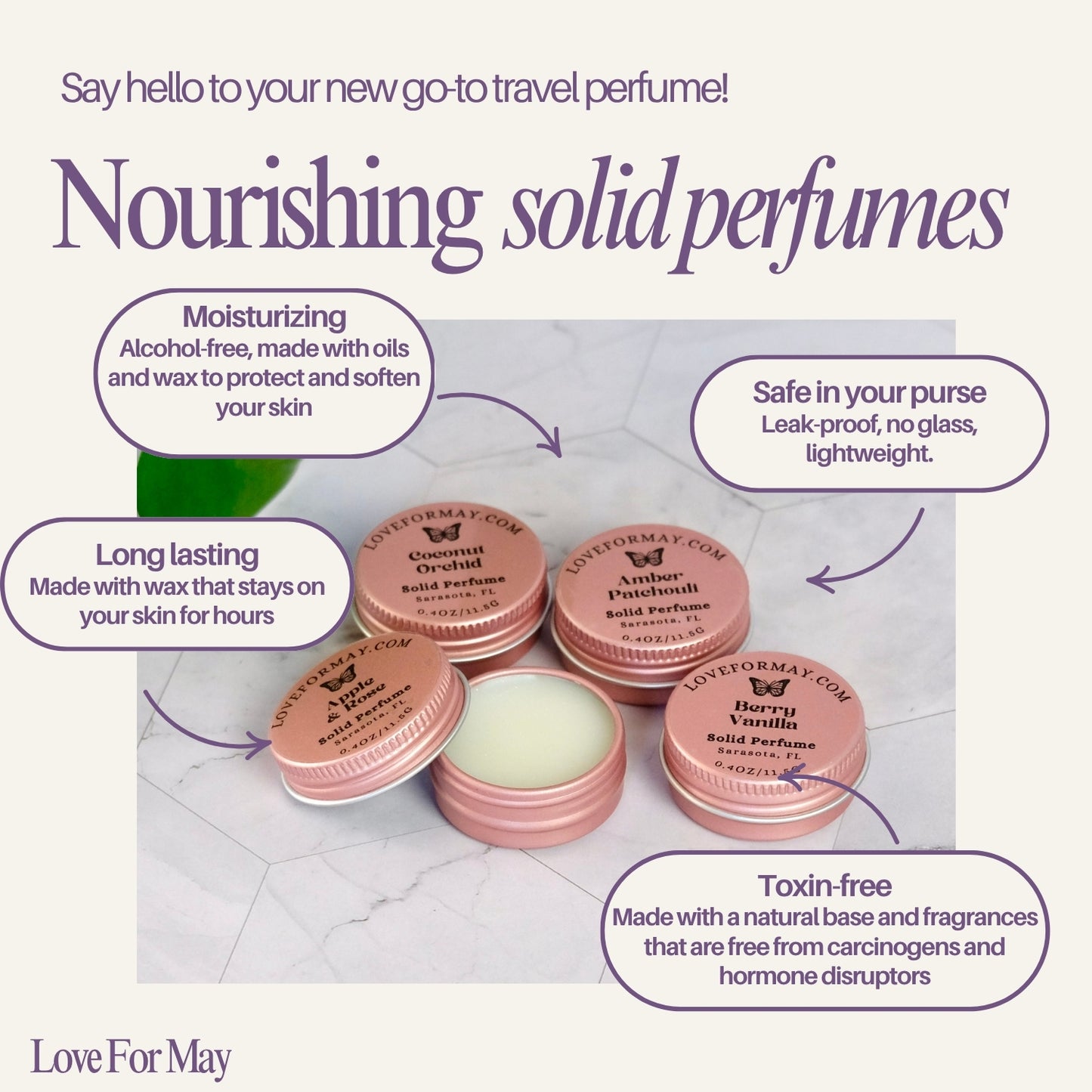 Promotional image of Nourishing solid perfumes with text highlighting features on a white background.